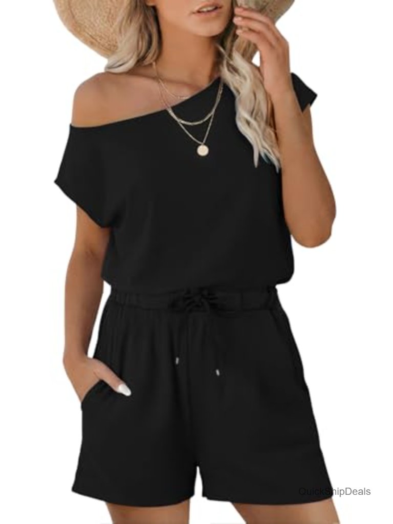 Off Shoulder Romper Jumpsuit With Pockets Summer Casual Vacation Travel